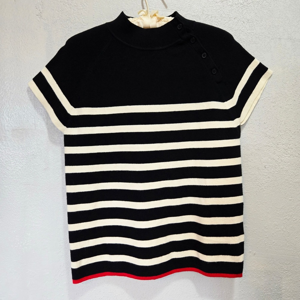 Maeve Anthropologie Striped Mock Neck Button Shoulder Top Black Ivory XL